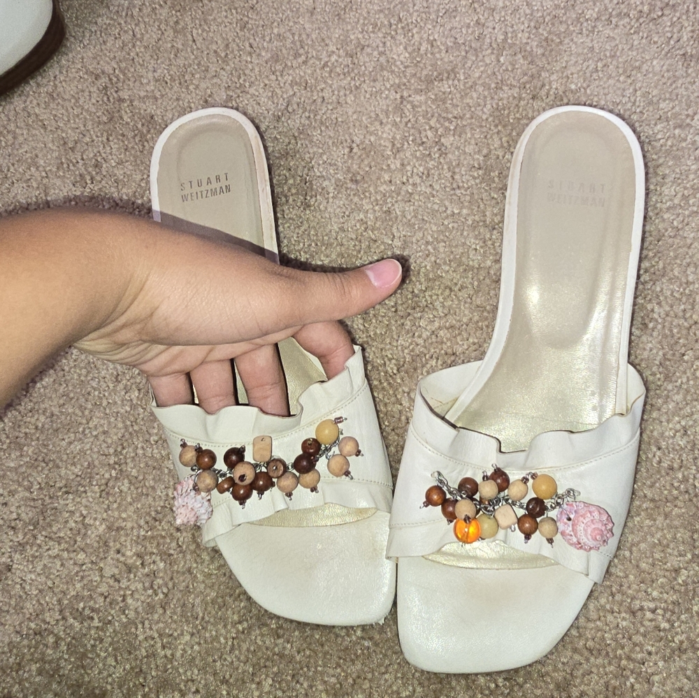 Stuart Weitzman Cream Seashell Mules Sandal Kitten Heel